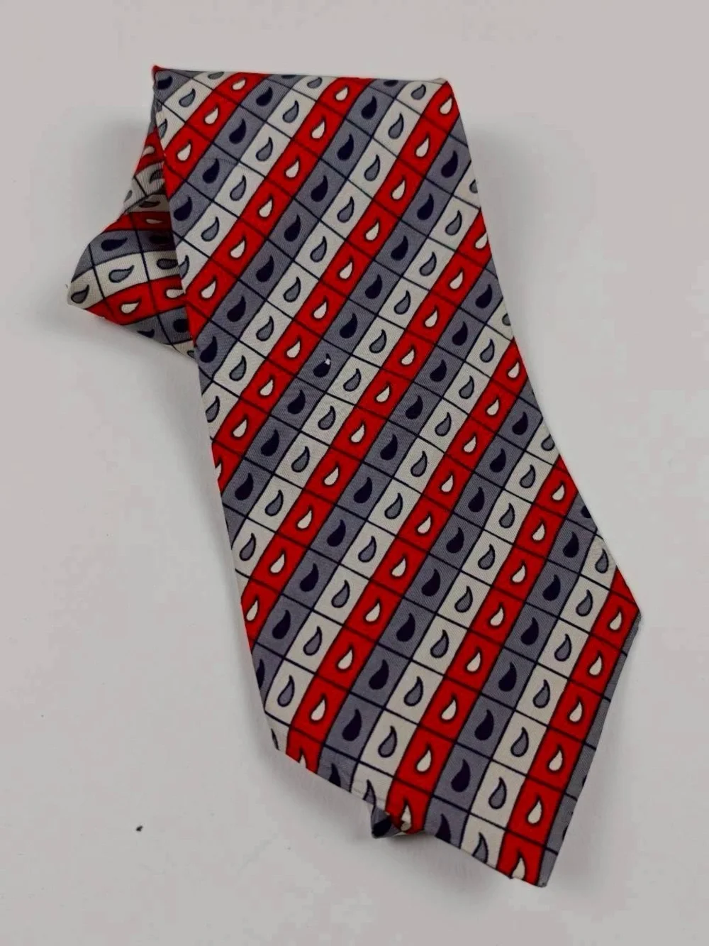 Dior Red, Navy and White Geometric Teardrop Silk Tie